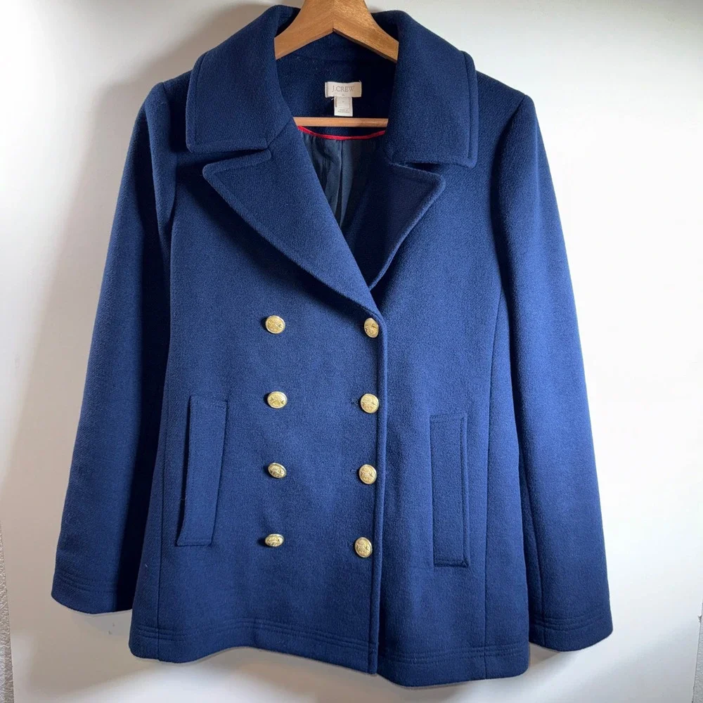 J Crew Factor Navy Wool Blend Peacoat Gold Button Double Breasted Classic Chic 2 - Picture 2 of 12